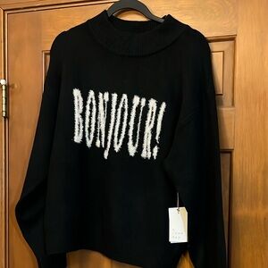 NWT A New Day Mock Neck Black Sweater with “Bonjour” Text - Size L